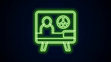 Parlayan neon hattı barış simgesi siyah arkaplanda izole edildi. Hippi barış sembolü. 4K Video hareketli grafik canlandırması