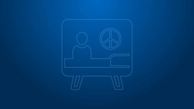 Beyaz çizgi barış simgesi mavi arkaplanda izole edildi. Hippi barış sembolü. 4K Video hareketli grafik canlandırması