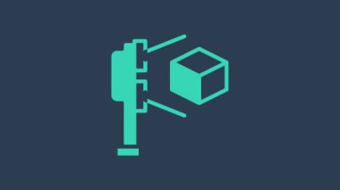 Mavi arkaplanda izole edilmiş küp projeksiyon ikonu olan üç boyutlu turkuaz tarayıcı. 4K Video hareketli grafik canlandırması