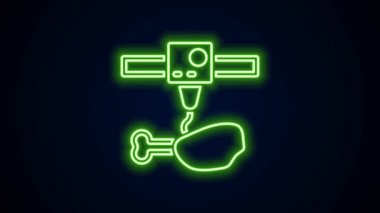 Parlayan neon hattı 3D yazıcı tavuk budu simgesi siyah arkaplanda izole edildi. 3D baskı. 4K Video hareketli grafik canlandırması
