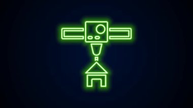Parlayan neon hattı 3D yazıcı evi simgesi siyah arkaplanda izole edildi. 3D baskı. 4K Video hareketli grafik canlandırması