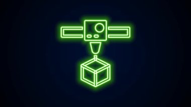 Parlayan neon hattı 3D yazıcı küp simgesi siyah arkaplanda izole edildi. 3D baskı. 4K Video hareketli grafik canlandırması