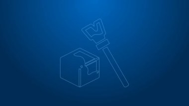 Beyaz çizgi Isometric küp simgesi mavi arkaplanda izole edildi. Geometrik küp katı simge. 3 boyutlu kare işareti. Kutu sembolü. 4K Video hareketli grafik canlandırması