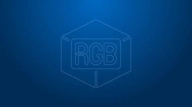 Beyaz çizgi RGB ve CMYK renk karıştırma simgesi mavi arkaplanda izole edildi. 4K Video hareketli grafik canlandırması