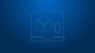 Beyaz çizgi 3D yazıcı simgesi mavi arkaplanda izole edildi. 3D baskı. 4K Video hareketli grafik canlandırması