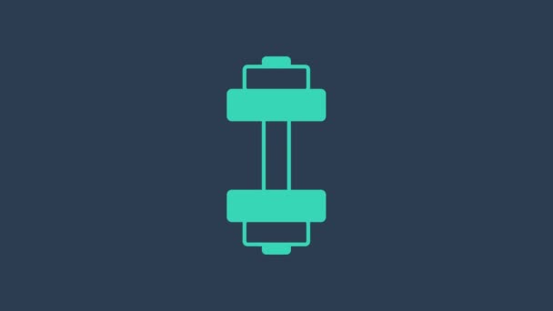 Бірюзова ікона Dumbbell ізольована на синьому фоні. Ікона піднімання м'язів, дзвоник для фітнесу, спортивне обладнання, бочка для гри. 4K Відеографічна анімація — стокове відео