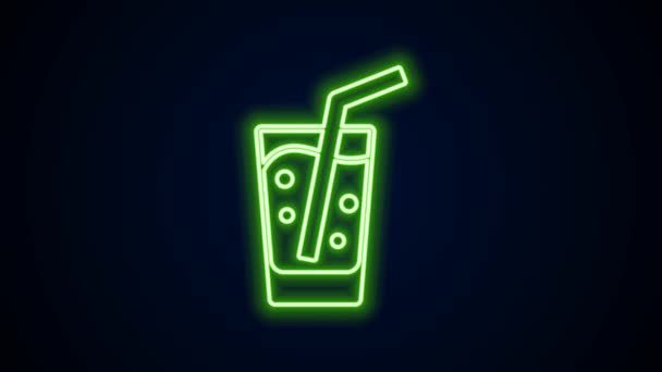 Glowing neon line Glass with water icon isolated on black background. Soda glass. 4K Video motion graphic animation — Stock Video