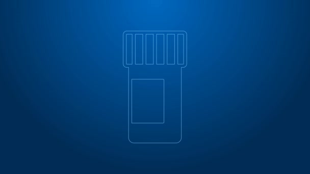 Ligne blanche bouteille de médecine et des pilules icône isolée sur fond bleu. Signe de pilule. Conception de pharmacie. Animation graphique de mouvement vidéo 4K — Video