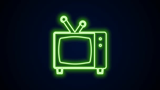 Parlayan neon hattı Retro TV simgesi siyah arkaplanda izole edildi. Televizyon tabelası. 4K Video hareketli grafik canlandırması — Stok video