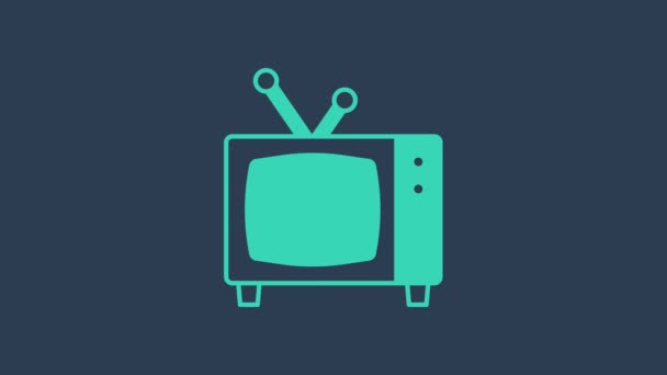 Иконка телевизора "Ретро бирюза" выделена на синем фоне. Телевизионный знак. Видеографическая анимация 4K — стоковое видео
