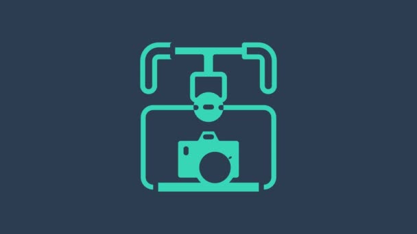 Tyrkysový stabilizátor Gimbal s ikonou DSLR kamery izolovaný na modrém pozadí. Grafická animace pohybu videa 4K — Stock video