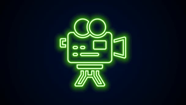 Glowing neon line Retro cinema camera icon isolated on black background. Video camera. Movie sign. Film projector. 4K Video motion graphic animation — Stock Video