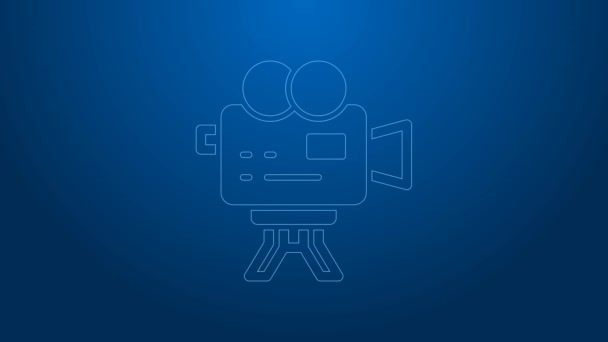 Λευκή γραμμή Retro κινηματογραφική κάμερα εικονίδιο απομονώνονται σε μπλε φόντο. Βιντεοκάμερα. Σινεμά. Προβολέας ταινιών. 4K Γραφική κίνηση κίνησης βίντεο — Αρχείο Βίντεο