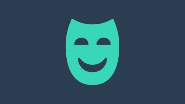 Tyrkysová ikona Komediální divadelní masky izolovaná na modrém pozadí. Grafická animace pohybu videa 4K