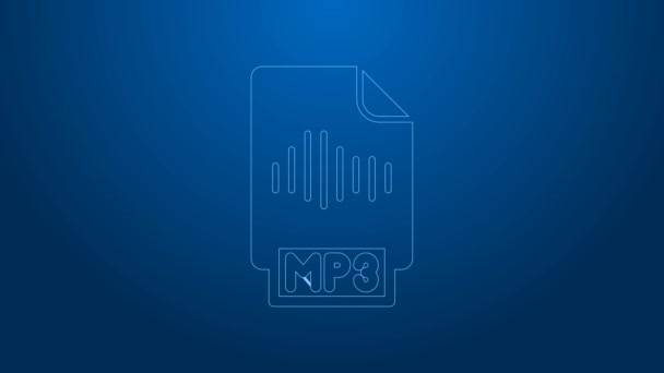 ホワイトラインMP3ファイル文書。青い背景に隔離されたmp3ボタンアイコンをダウンロードしてください。MP3音楽形式の記号。MP3ファイルのシンボル。4Kビデオモーショングラフィックアニメーション — ストック動画