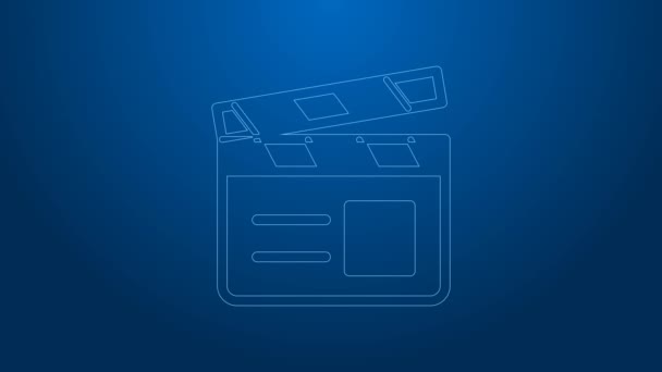 Linha branca ícone de capa de filme isolado no fundo azul. Placa de palmas de filme. Sinal de aplauso. Produção de cinema ou indústria de mídia. Animação gráfica em movimento de vídeo 4K — Vídeo de Stock