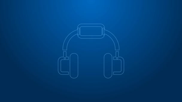 Icono de auriculares de línea blanca aislado sobre fondo azul. Auriculares. Concepto para escuchar música, servicio, comunicación y operador. Animación gráfica de vídeo 4K — Vídeos de Stock