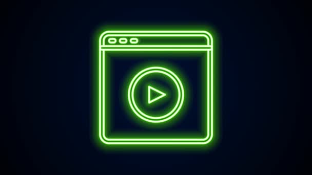 Linha de néon brilhante Ícone de vídeo de reprodução on-line isolado no fundo preto. Tira de filme com sinal de jogo. Animação gráfica em movimento de vídeo 4K — Vídeo de Stock