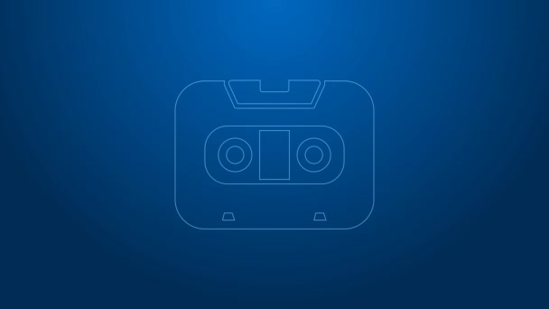 Bílá čára Retro audio kazeta ikona izolované na modrém pozadí. Grafická animace pohybu videa 4K — Stock video