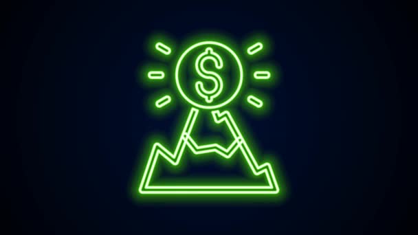 Glowing neon line Mountains with flag on top icon isolated on black background. Symbol of victory or success concept. Goal achievement. 4K Video motion graphic animation — Stock Video