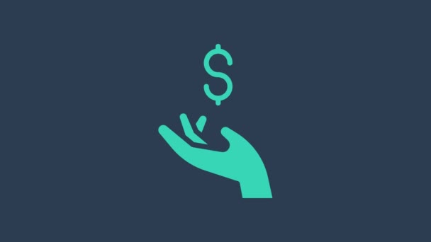 Turquoise Hand holding coin money icon isolated on blue background. Dollar or USD symbol. Cash Banking currency sign. 4K Video motion graphic animation — Stock Video