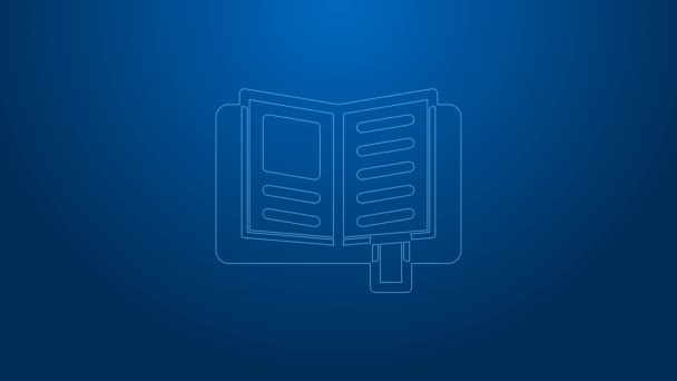 Línea blanca Icono de libro de lectura aislado sobre fondo azul. Animación gráfica de vídeo 4K — Vídeos de Stock