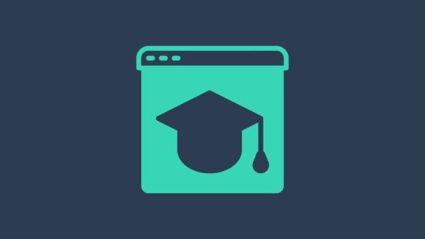 Turquoise Icône d'éducation et de graduation en ligne isolée sur fond bleu. Professeur en ligne sur moniteur. Webinaire et vidéo séminaire d'apprentissage. Animation graphique de mouvement vidéo 4K — Video