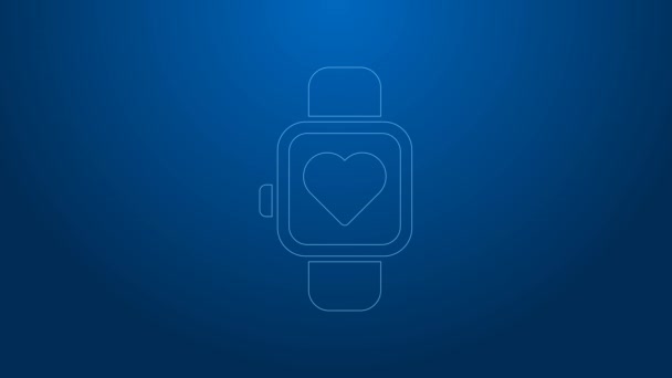 Bílá čára Chytré hodinky zobrazující ikonu srdeční frekvence izolované na modrém pozadí. Koncept Fitness App. Grafická animace pohybu videa 4K — Stock video