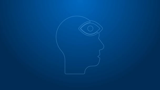 White line Man with third eye icon isolated on blue background. The concept of meditation, vision of energy, aura. 4K Video motion graphic animation — Stock Video