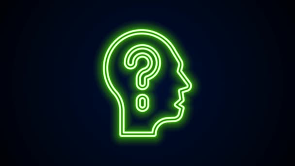 Glowing neon line Human head with question mark icon isolated on black background. 4K Video motion graphic animation — Stock Video