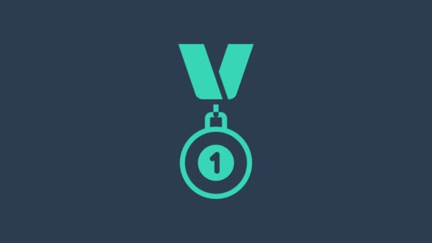 Icona della medaglia turchese isolata su sfondo blu. Simbolo del vincitore. Animazione grafica 4K Video motion — Video Stock