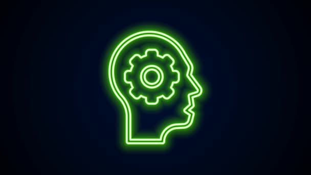 Linea neon incandescente Testa umana con ingranaggio interno icona isolato su sfondo nero. Intelligenza artificiale. Cervello pensante. Simbolo del cervello. Animazione grafica 4K Video motion — Video Stock
