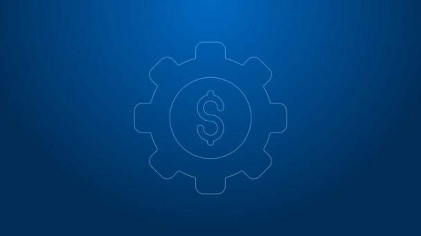 Línea blanca Engranaje con símbolo de dólar icono aislado sobre fondo azul. Icono conceptual de negocios y finanzas. Animación gráfica de vídeo 4K — Vídeo de stock