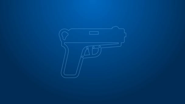 Línea blanca Pistola o pistola icono aislado sobre fondo azul. Pistola policial o militar. Arma pequeña. Animación gráfica de vídeo 4K — Vídeo de stock