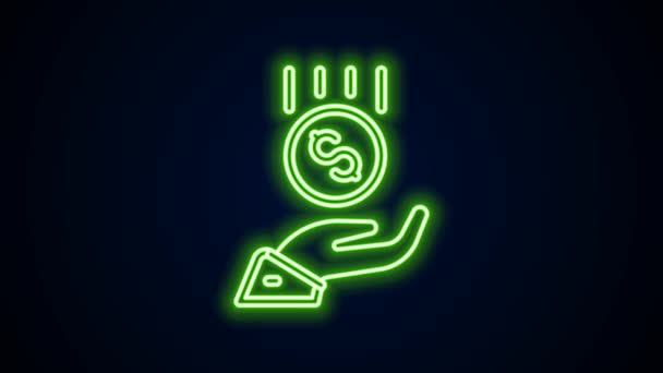 Zářící neonová linka Mince po ruce - ikona minimální mzdy izolovaná na černém pozadí. Grafická animace pohybu videa 4K — Stock video