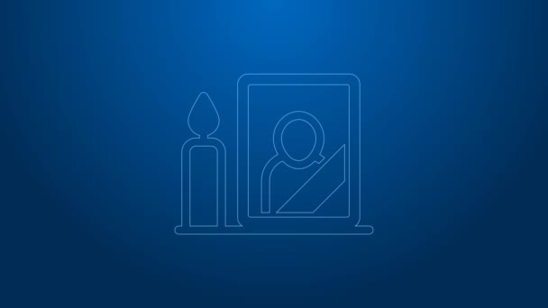 Bílá čára Truchlící fotorámeček s černou stuhou ikona izolované na modrém pozadí. Pohřební obřad a uspořádání kondolenční karty. Grafická animace pohybu videa 4K — Stock video