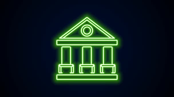 Linha de néon brilhante ícone edifício do tribunal isolado no fundo preto. Banco de construção ou museu. Animação gráfica em movimento de vídeo 4K — Vídeo de Stock