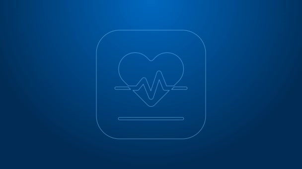 Bílá čára Ikona srdeční frekvence izolované na modrém pozadí. Znamení tlukot srdce. Ikona pulsu srdce. Ikona kardiogramu. Grafická animace pohybu videa 4K — Stock video