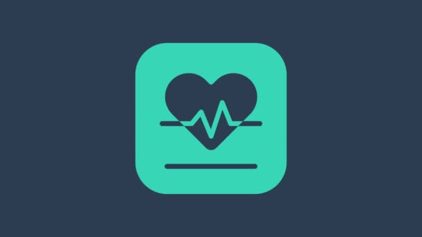 Icono de frecuencia cardíaca turquesa aislado sobre fondo azul. Signo de latido. Icono de pulso. Icono del cardiograma. Animación gráfica de vídeo 4K — Vídeo de stock