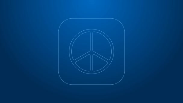 Weiße Linie Peace Symbol isoliert auf blauem Hintergrund. Hippie-Symbol für den Frieden. 4K Video Motion Grafik Animation — Stockvideo