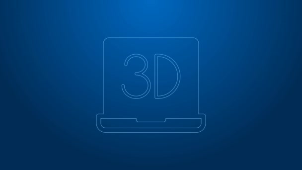 Vit linje 3D-skrivaren ikon isolerad på blå bakgrund. 3D-utskrift. 4K Video motion grafisk animation — Stockvideo