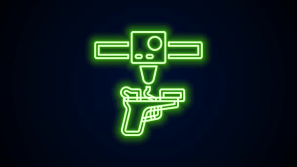 Zářící neonová linka 3D tiskárna zbraň ikona izolované na černém pozadí. 3D tisk. Grafická animace pohybu videa 4K — Stock video