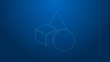 Beyaz çizgi temel geometrik şekiller ikon mavi arkaplan izole. 4K Video hareketli grafik canlandırması