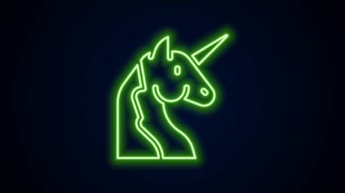 Parlayan neon hattı tek boynuzlu at simgesi siyah arkaplanda izole edildi. 4K Video hareketli grafik canlandırması
