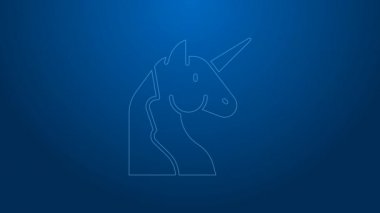 Beyaz çizgi Unicorn simgesi mavi arkaplanda izole edildi. 4K Video hareketli grafik canlandırması