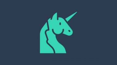 Mavi arkaplanda turkuaz unicorn simgesi izole edildi. 4K Video hareketli grafik canlandırması