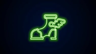 Parlayan neon hattı Hermes sandal simgesi siyah arkaplanda izole edildi. Antik Yunan tanrısı Hermes. Kanatlı koşu ayakkabısı. 4K Video hareketli grafik canlandırması