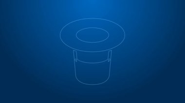 Beyaz çizgi sihirli şapka simgesi mavi arkaplanda izole edildi. Sihir numarası. Gizemli eğlence konsepti. 4K Video hareketli grafik canlandırması