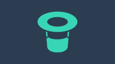 Turkuaz sihirli şapka simgesi mavi arkaplanda izole edildi. Sihir numarası. Gizemli eğlence konsepti. 4K Video hareketli grafik canlandırması