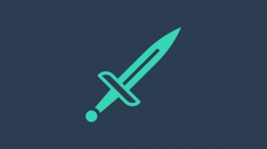 Turkuaz Hançer simgesi mavi arkaplanda izole edildi. Bıçak ikonu. Keskin bıçaklı kılıç. 4K Video hareketli grafik canlandırması